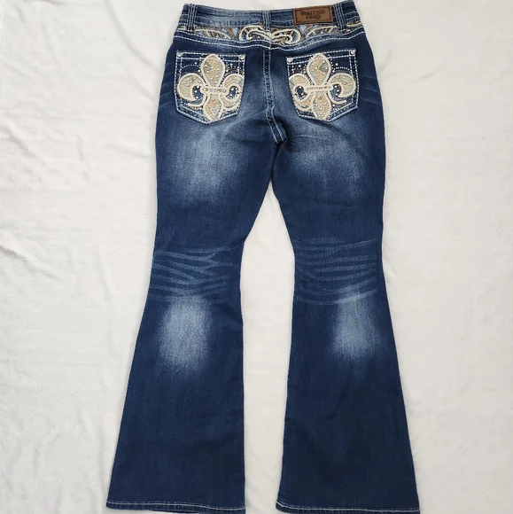 WESTFIELD EAGLE Womens Mid Rise Boot Cut Jeans Western Embroidered Rhinestone 13 - Picture 2 of 14
